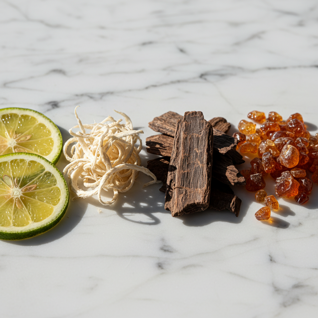 Close-up of premium perfume ingredients like bergamot, orris, oud, and amber on marble, illustrating a luxury fragrance brand's materials