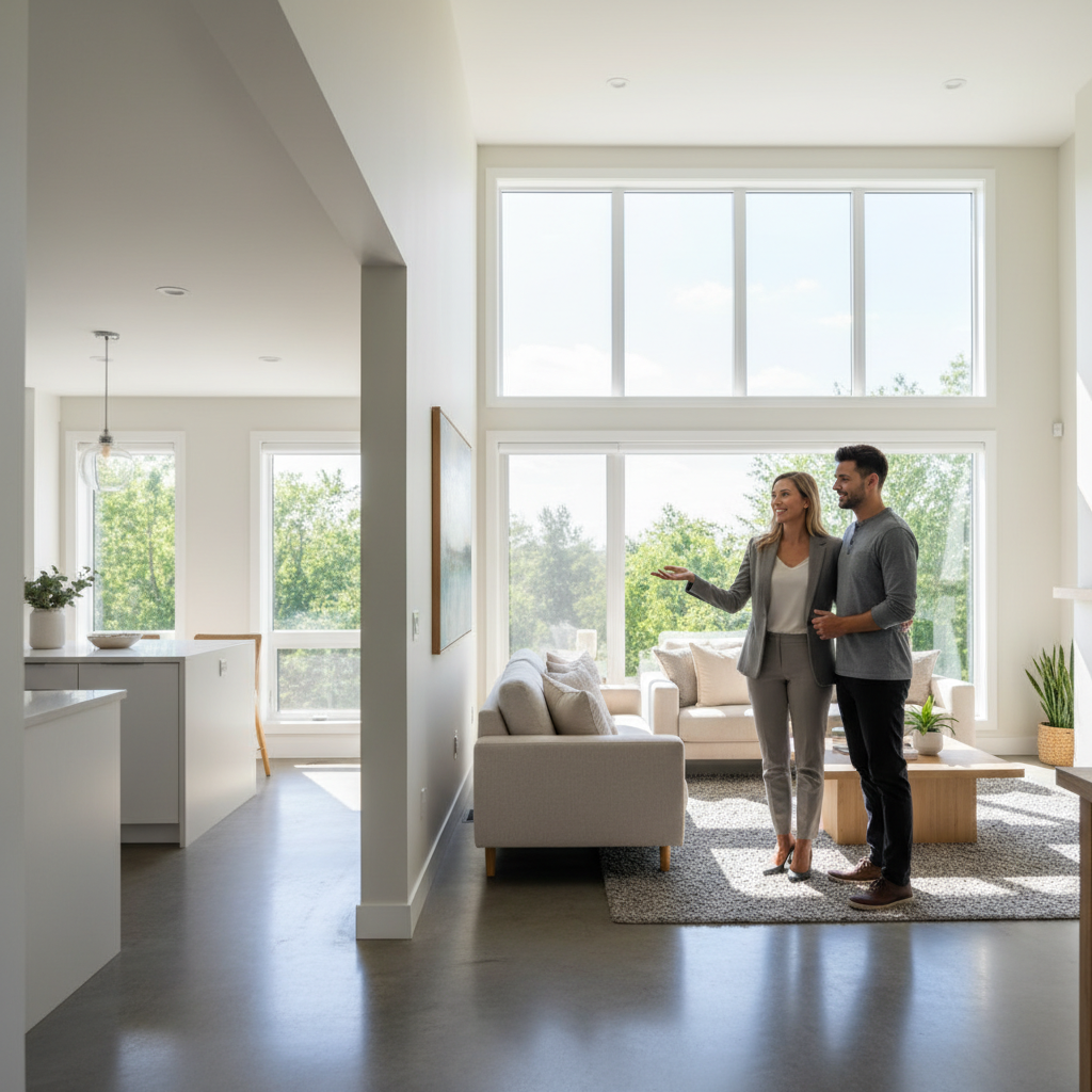 Brampton realtor consultation in a bright living room, demonstrating how a local real estate report guides showings and offers