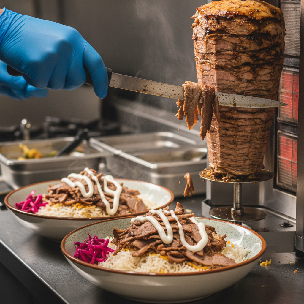Detail shot of shawarma carved for bowl bar catering, perfect for the best lunch catering for teams in Toronto