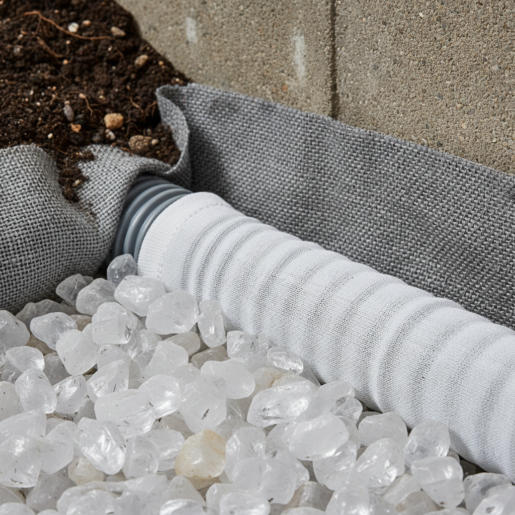 Close-up of perforated 4-inch drain pipe wrapped in fabric with 3/4-inch clear stone for retaining wall drainage