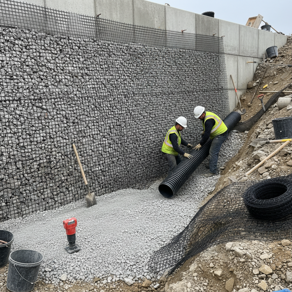 Contractors installing retaining wall drainage: clear stone chimney, perforated pipe, geogrid layer, and compacted base