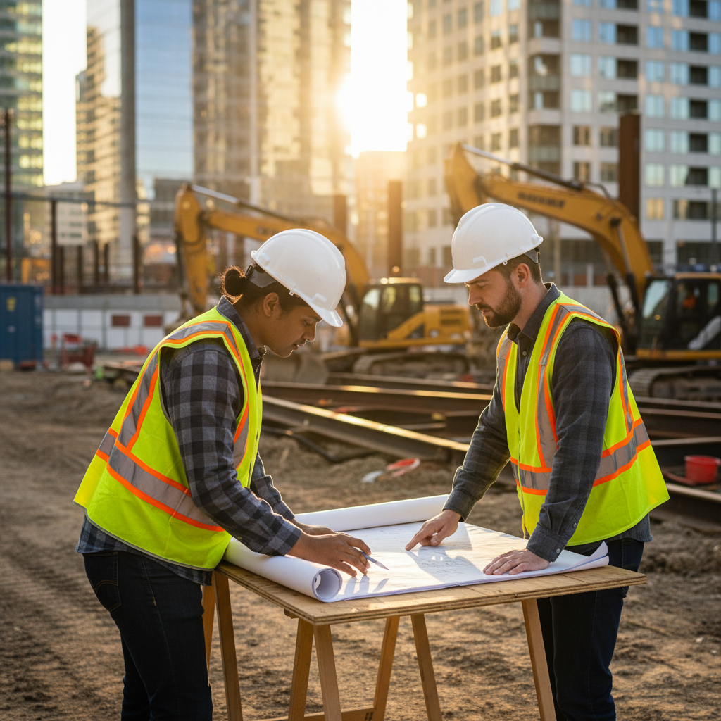 Contractor consulting with municipal inspector at a Toronto jobsite about permits and inspections before occupancy