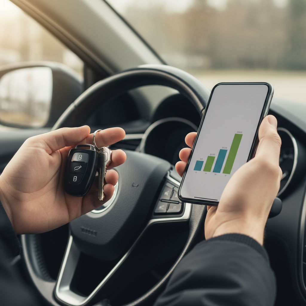 Close-up of driver with smartphone reviewing car insurance rate options in Ontario, illustrating how to compare quotes for best auto insurance rates