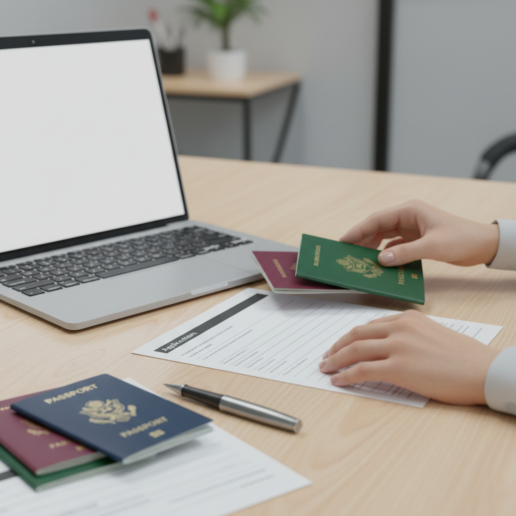 Close-up of immigration profile documents, passports, and forms organized for Canada immigration profile assessment