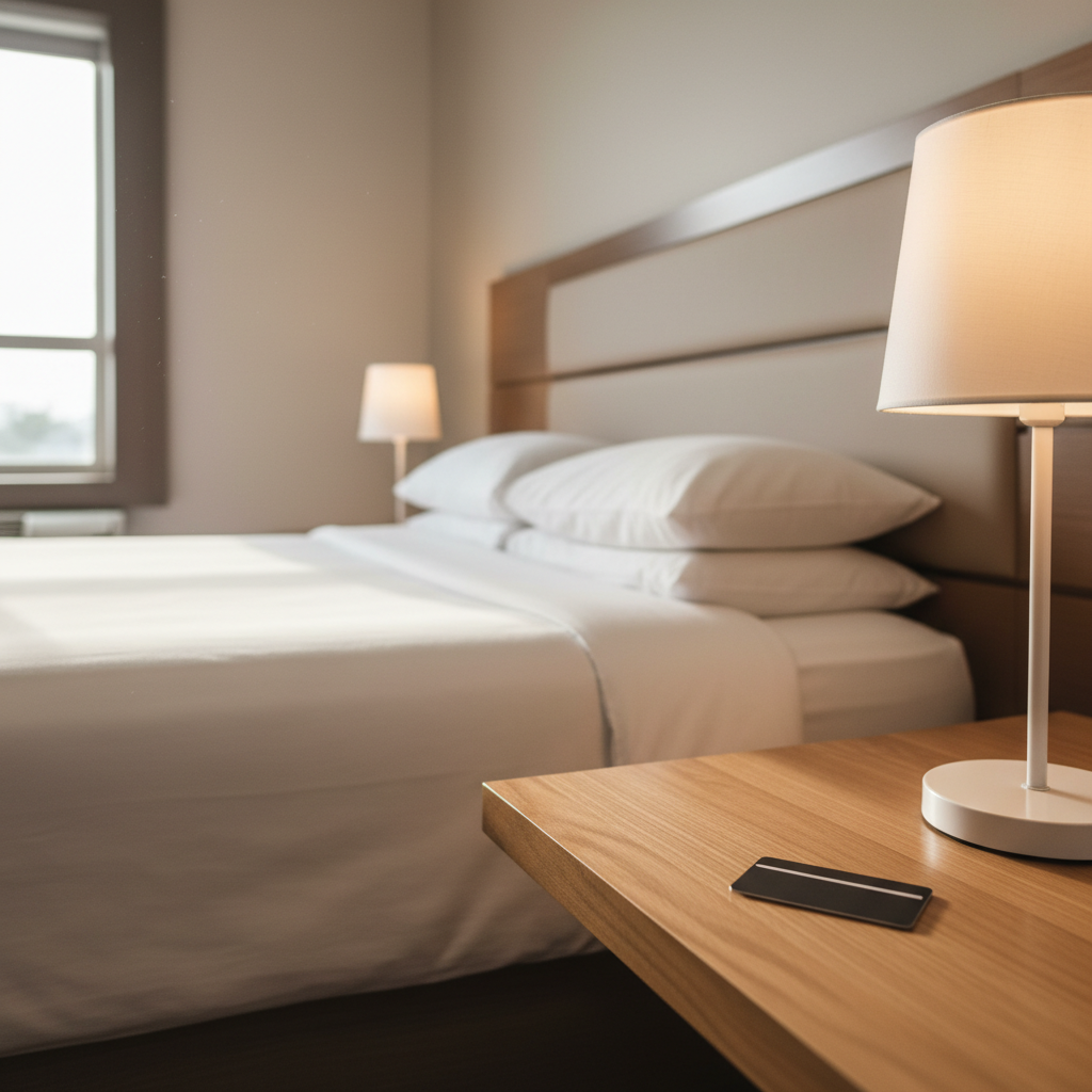 Crisp linens and practical details inside a North Conway budget hotel room at Briarcliff Motel
