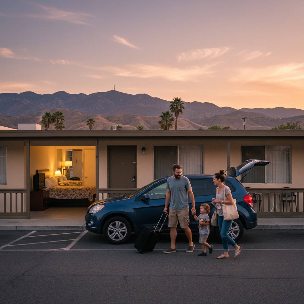 Family arriving at a North Conway budget motel room with parking right outside the door, mountains in the background