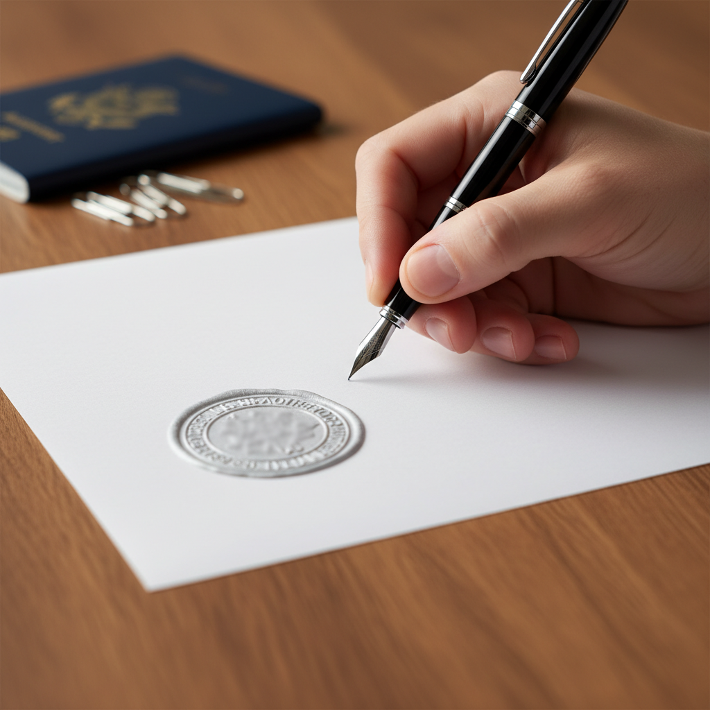 Close-up signing an affidavit of support with a notary seal visible, illustrating notarization steps for sponsors in Etobicoke