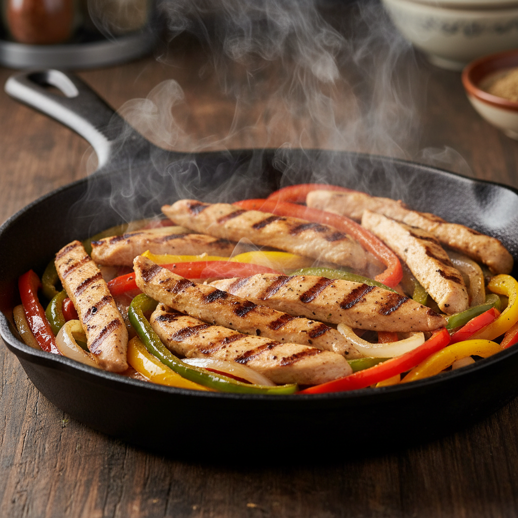 Close-up of sizzling chicken fajitas with peppers and onions, a Mexican grill menu favorite for groups