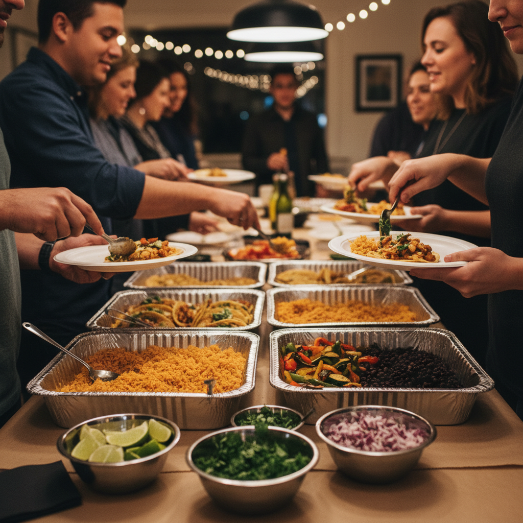 Catering trays with tacos, rice, beans, and a toppings bar for Mexican grill menu favorites