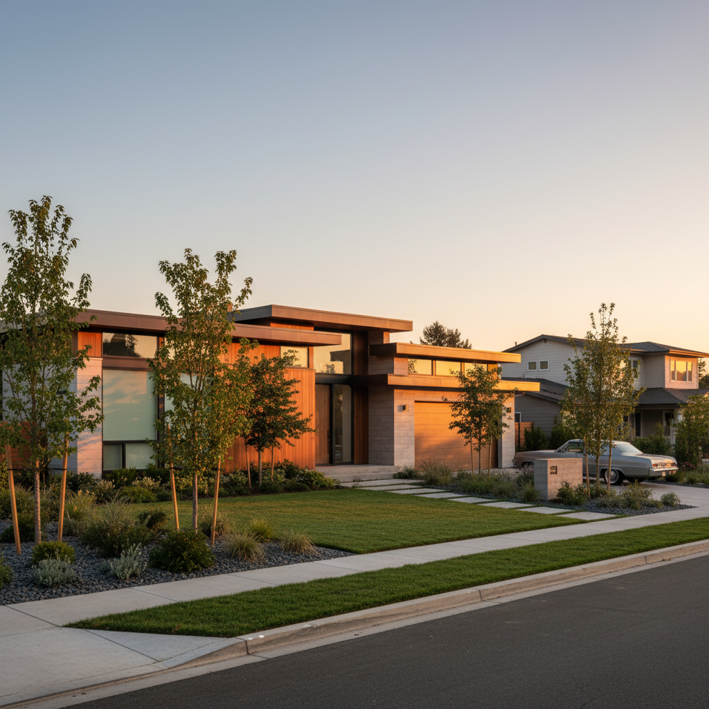 Home exterior at sunrise showing ideal Vaastu entrance orientation and morning light contributing to a higher Vaastu Energy Score