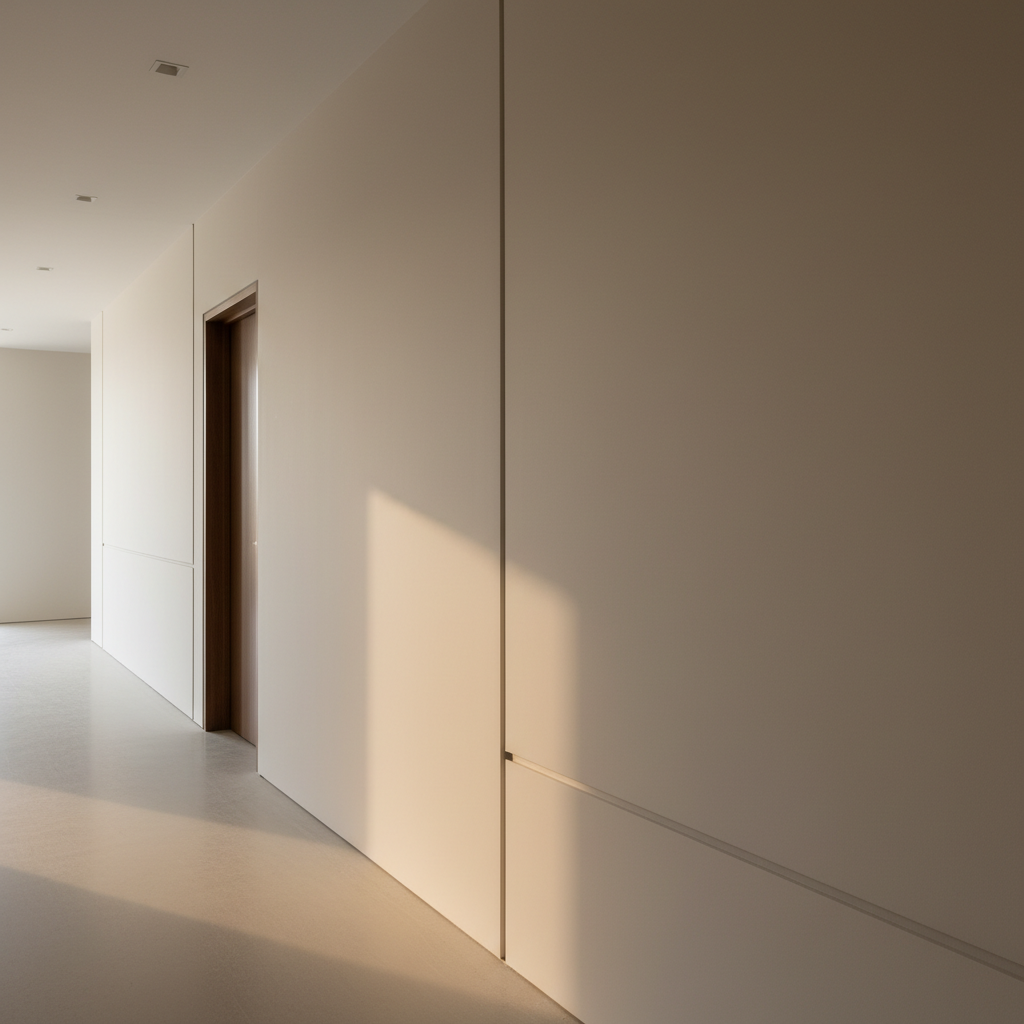 Finished corridor showing crisp shadowline reveals and clean J-bead terminations around door frames and access openings