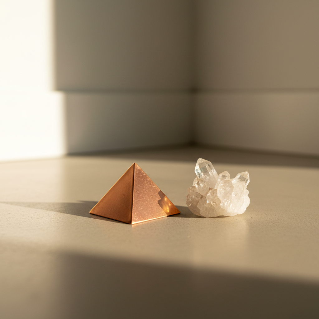 Vaastu energy score remedies: copper pyramid and clear crystal placed in the northeast corner for Vastu balance and improved energy flow