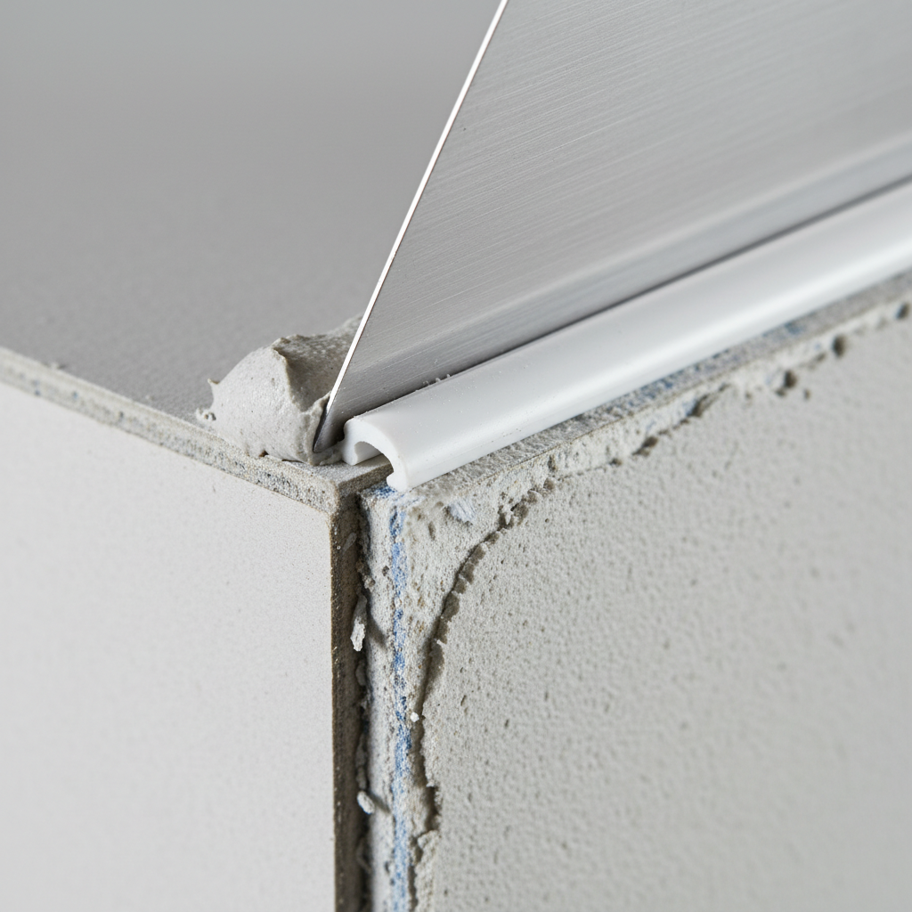 Close-up of vinyl drywall J-bead over 1/2-inch gypsum edge with joint compound being applied for a clean finish