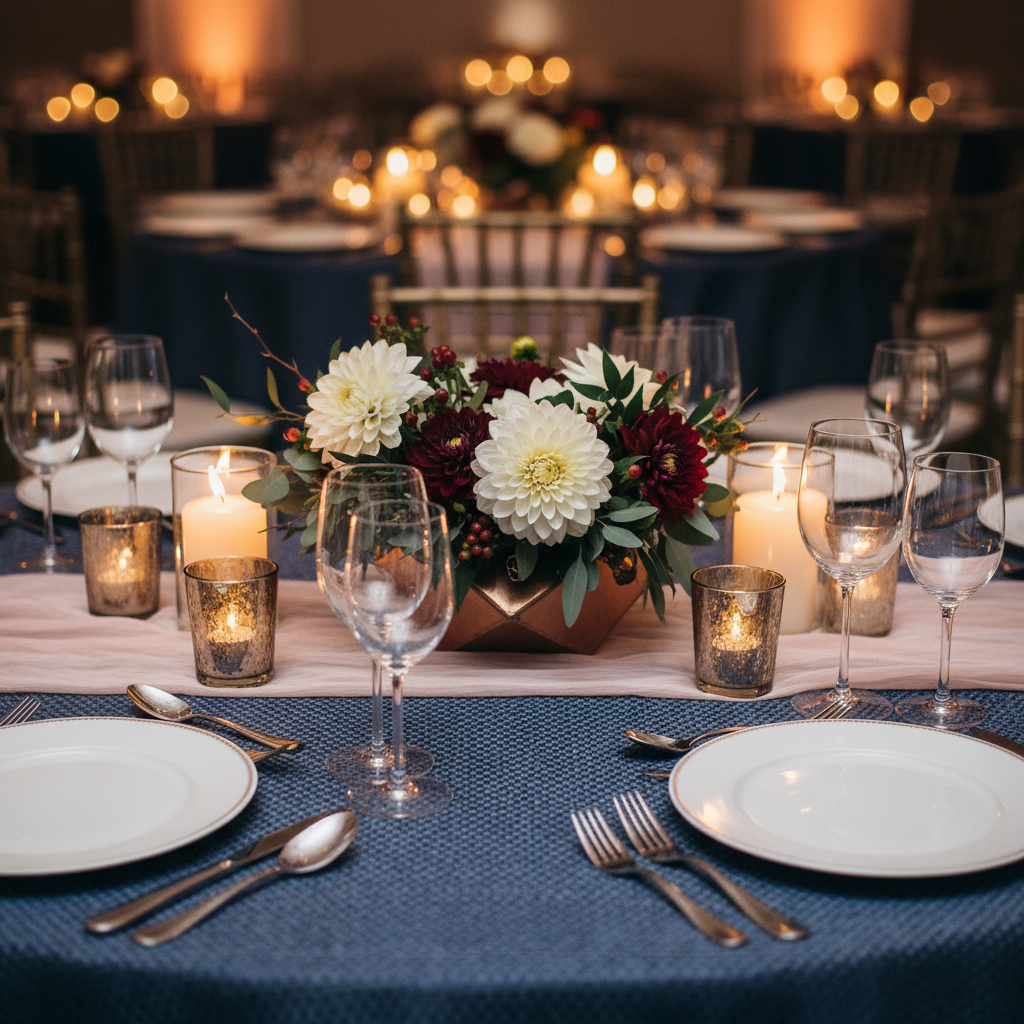 Close-up corporate tablescape with modern centerpiece, warm lighting, and polished glassware for London gala styling