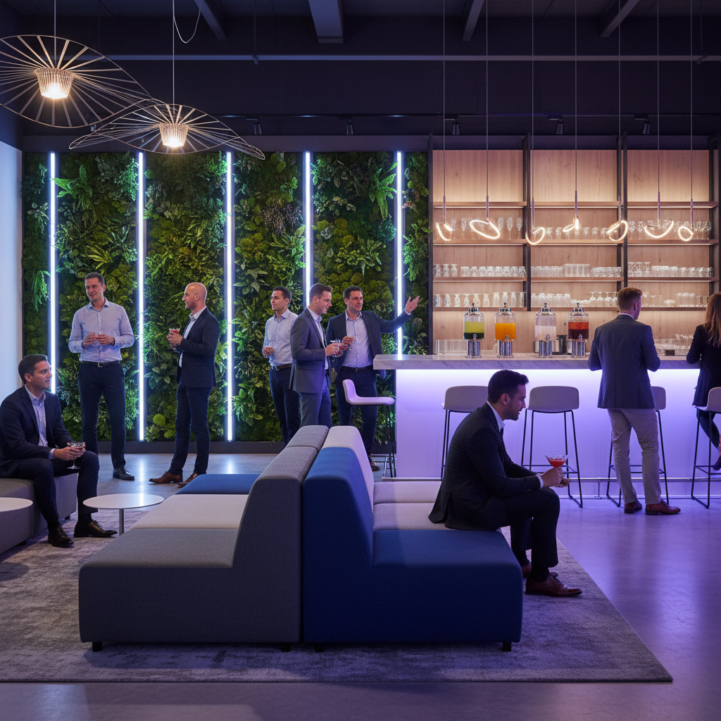 Contemporary corporate networking lounge with modular seating, greenery, and ambient lighting for brand events