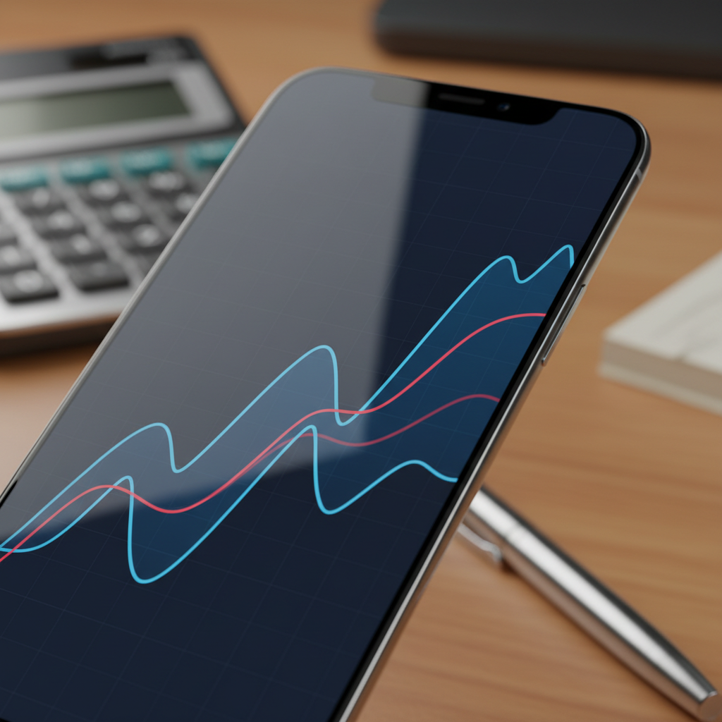 Close-up view of a phone with a generic interest graph, illustrating refinance rate comparison steps and lender shortlisting