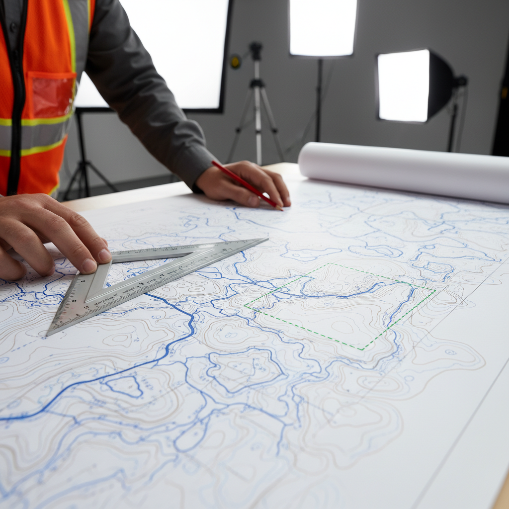 Close-up of Texas planning and development civil site plans showing contour lines, drainage, and a fuel canopy footprint with hands measuring scale