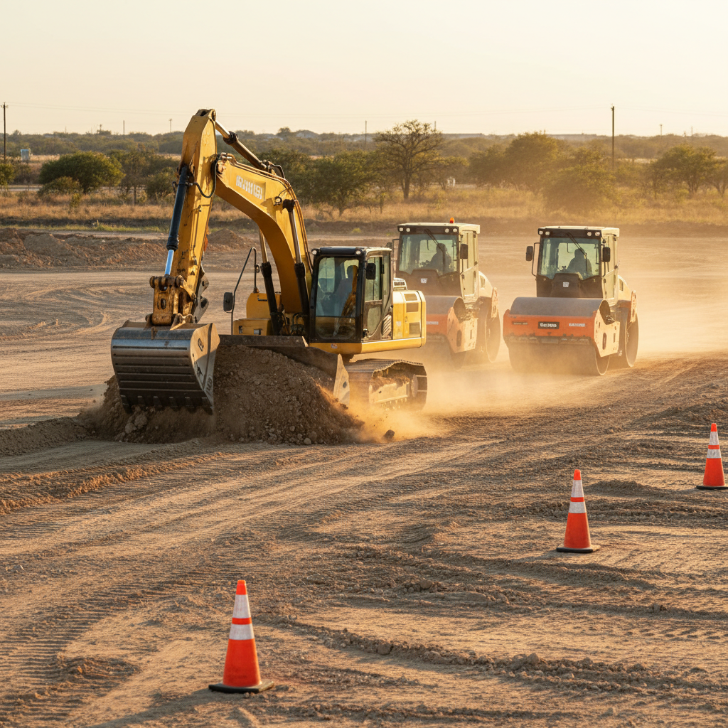 Excavator grading a Texas commercial site as part of planning and development, with compactors and traffic cones under warm afternoon light
