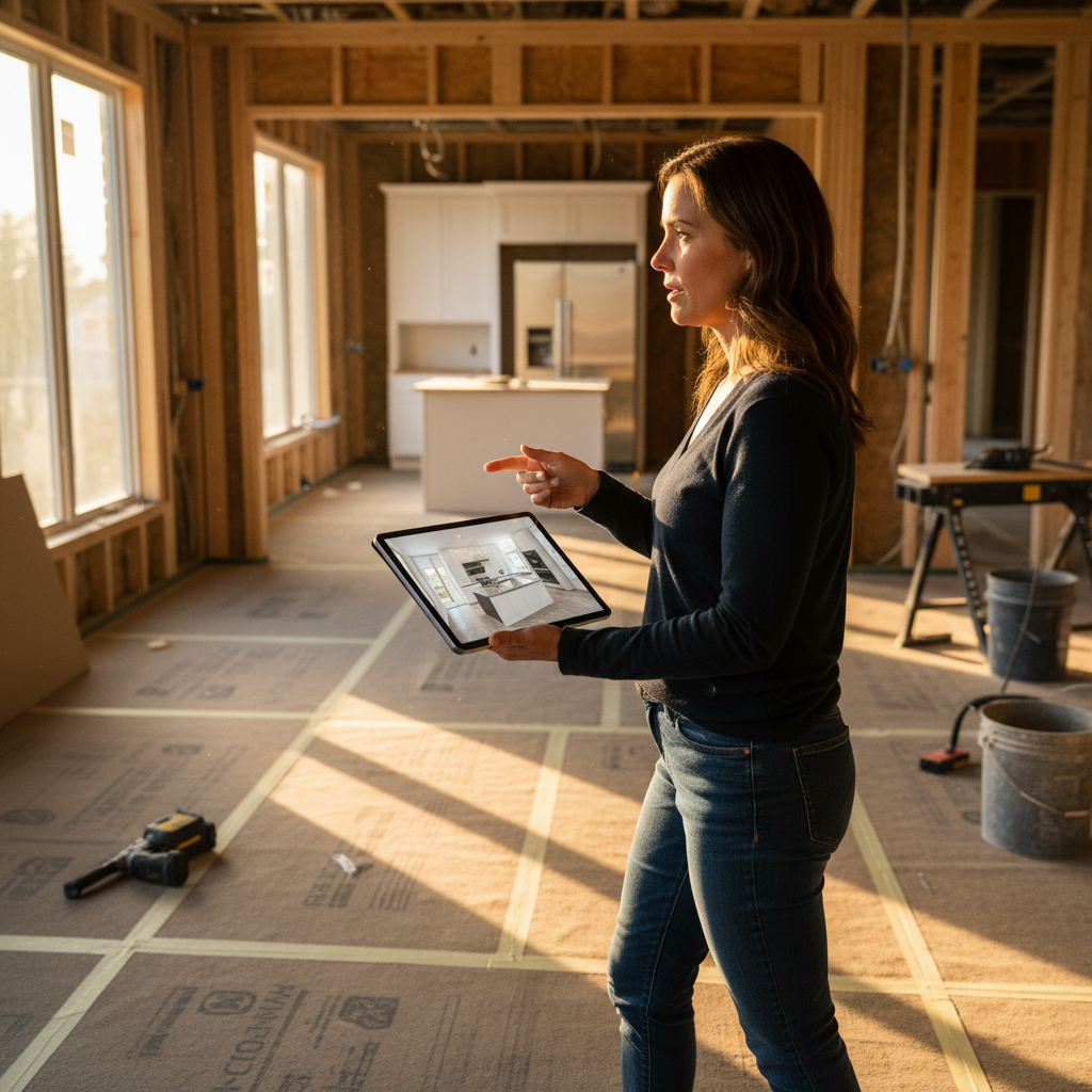 What Is a Design-Build Remodel? Save Time in 2026 2 Project manager reviewing a 3D kitchen design on a tablet during a design-build renovate site walk
