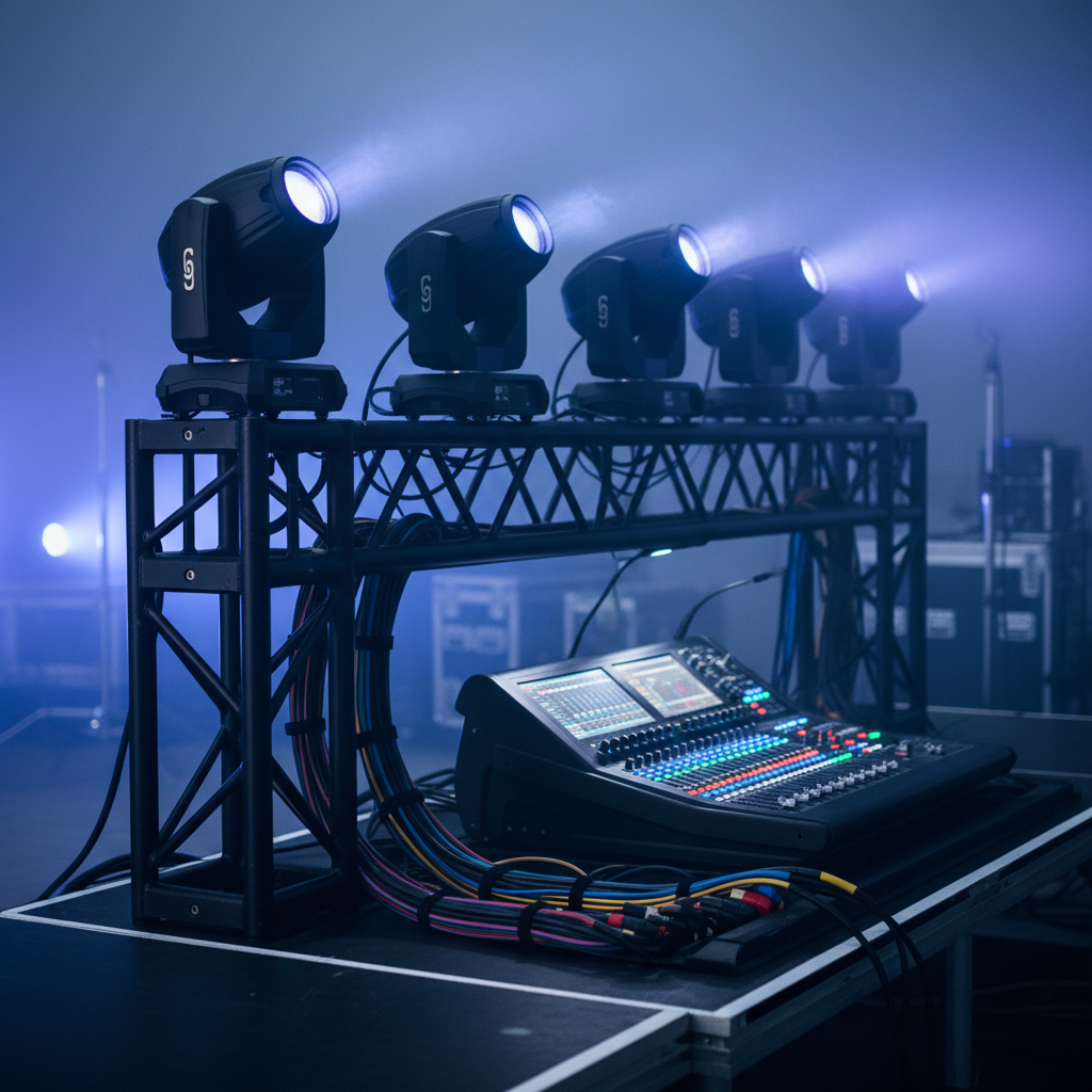Close-up of modern AV lighting truss and audio console for a corporate gala venue in Mississauga