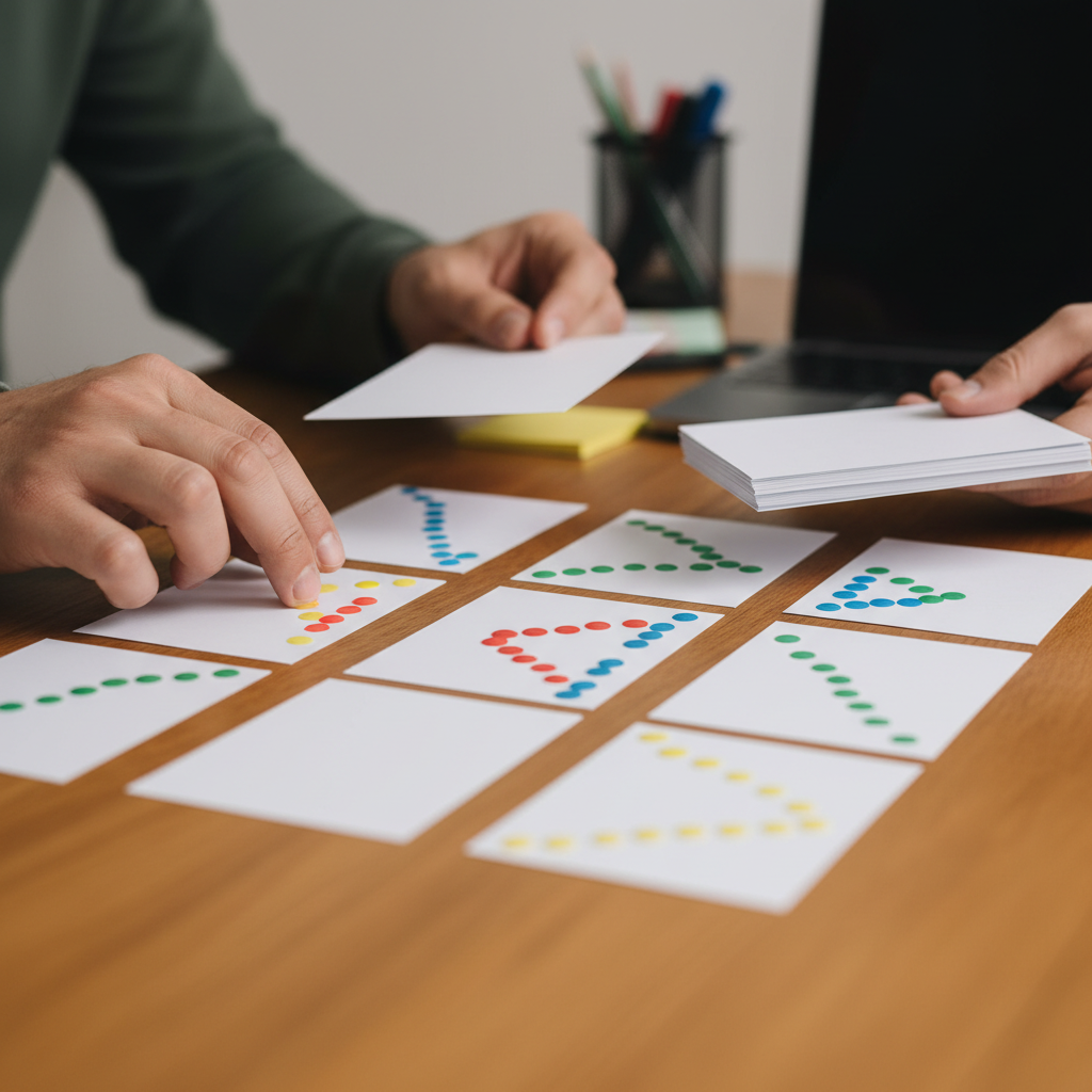 Close-up decision mapping for business advisory decision-making: hands arranging colored markers to evaluate risks and options
