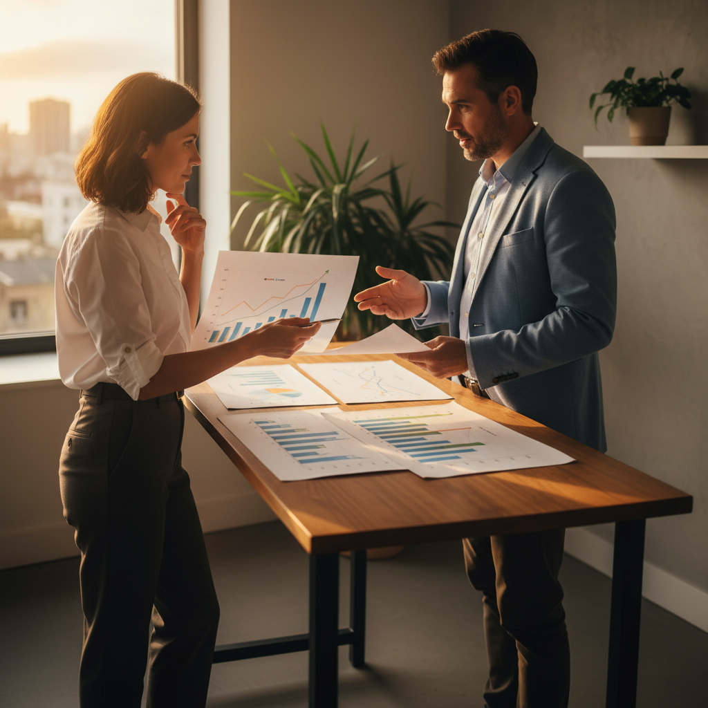 CFO-style business advisory session: advisor and owner reviewing unlabeled charts to align cash flow, KPIs, and decisions