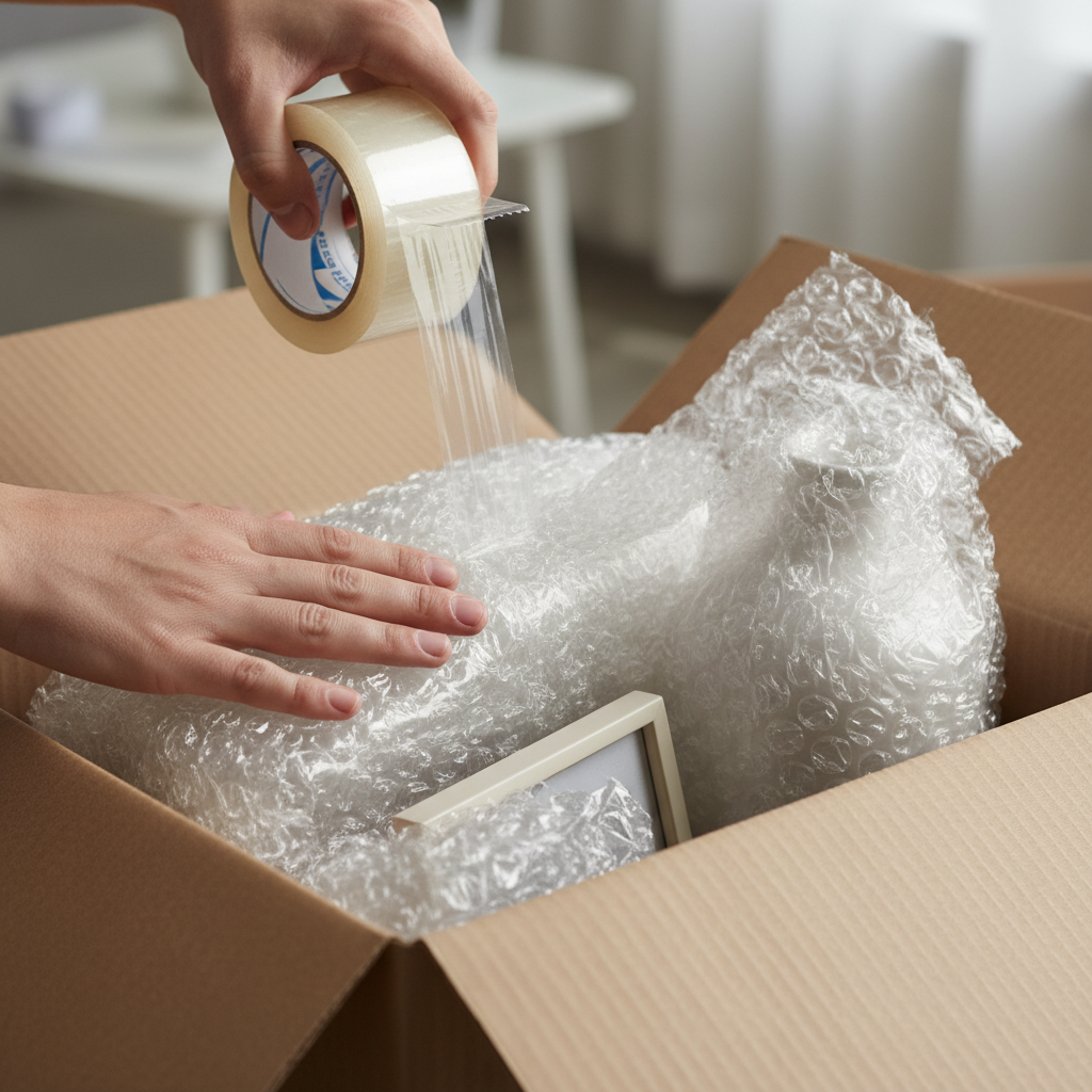 Close-up of careful packing with bubble wrap for local moving services in Dubai