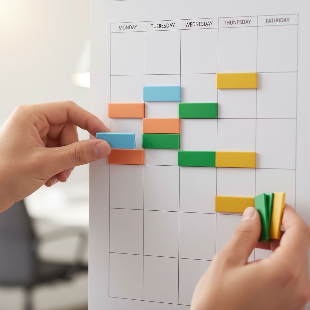 Close-up of color-coded planning tiles showing course scheduling flexibility and adaptive weekly study blocks