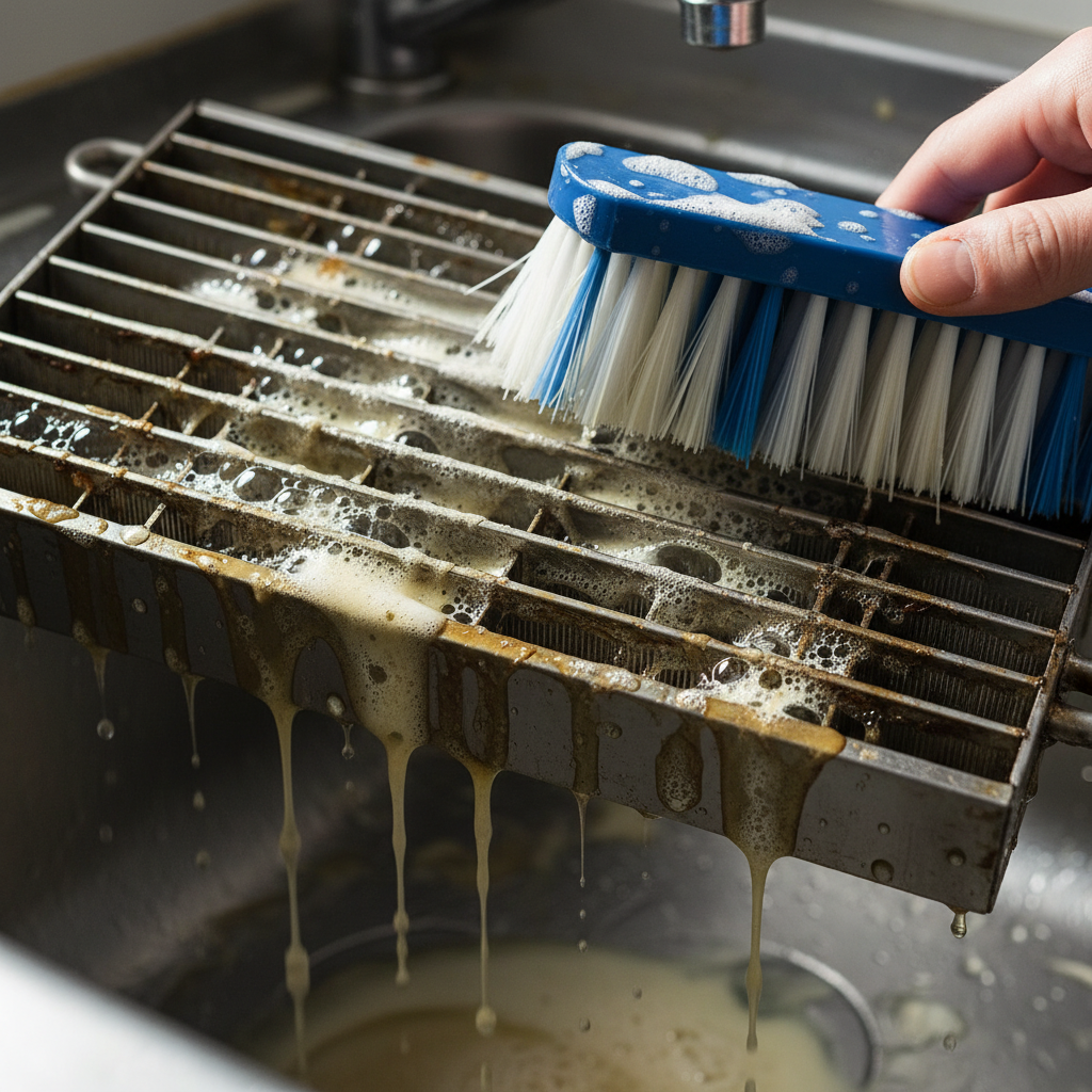 Close-up of baffle grease filter cleaning with degreaser and brush for commercial hood maintenance