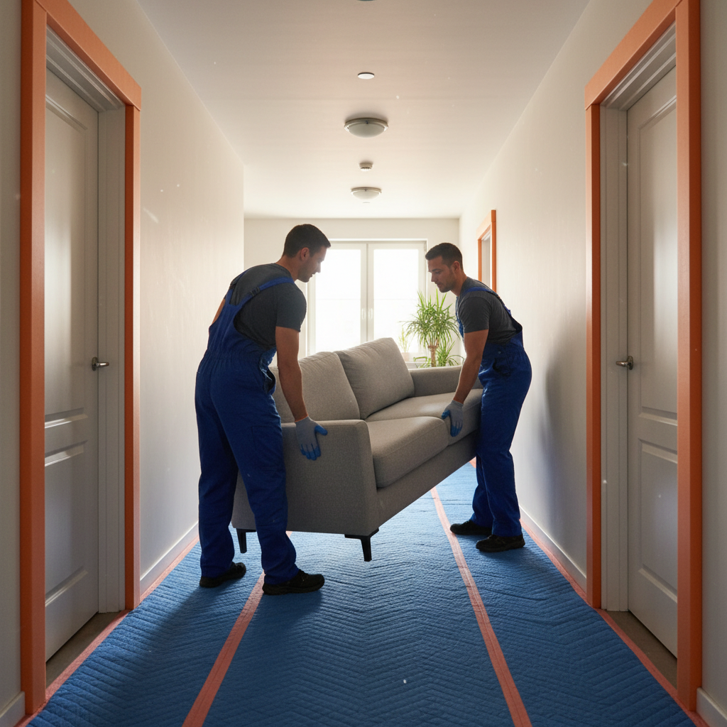 Professional movers carrying a sofa safely during a Dubai local move with door-frame padding