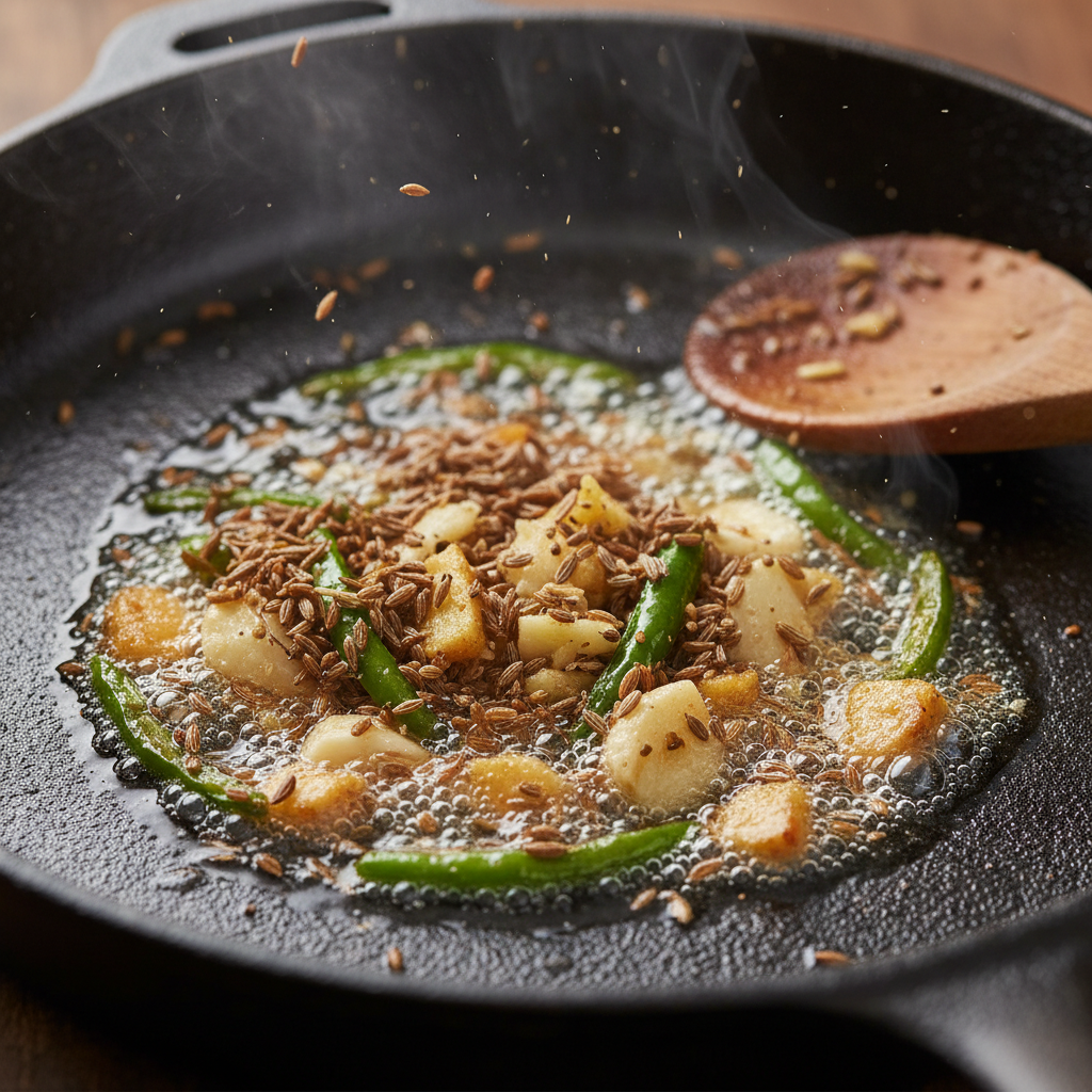 Tempering spices for aloo chole: cumin, ginger, garlic, and chilies sizzling in oil for Punjabi chickpea potato curry