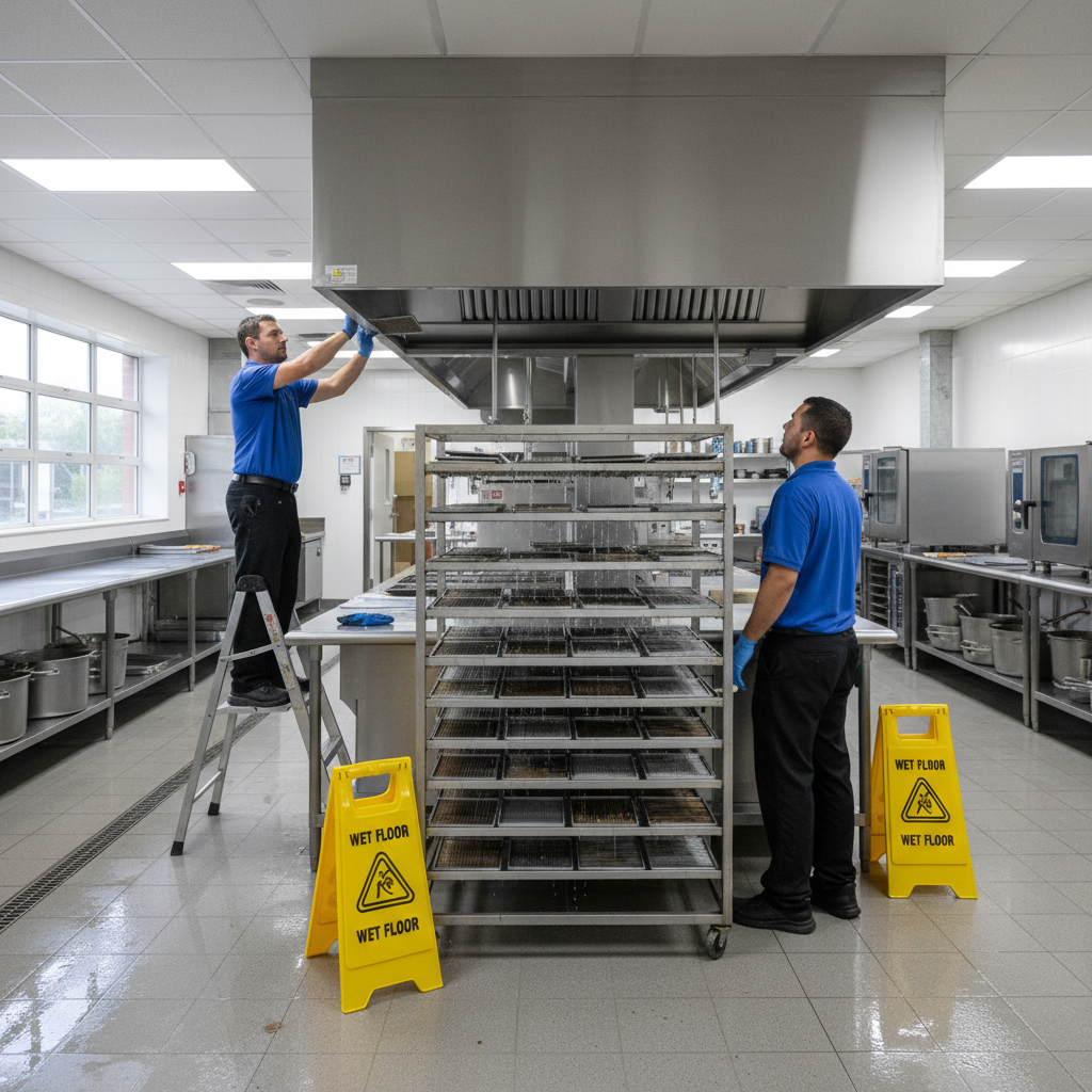 Technicians removing and staging commercial hood baffle filters on drying racks during grease filter cleaning service