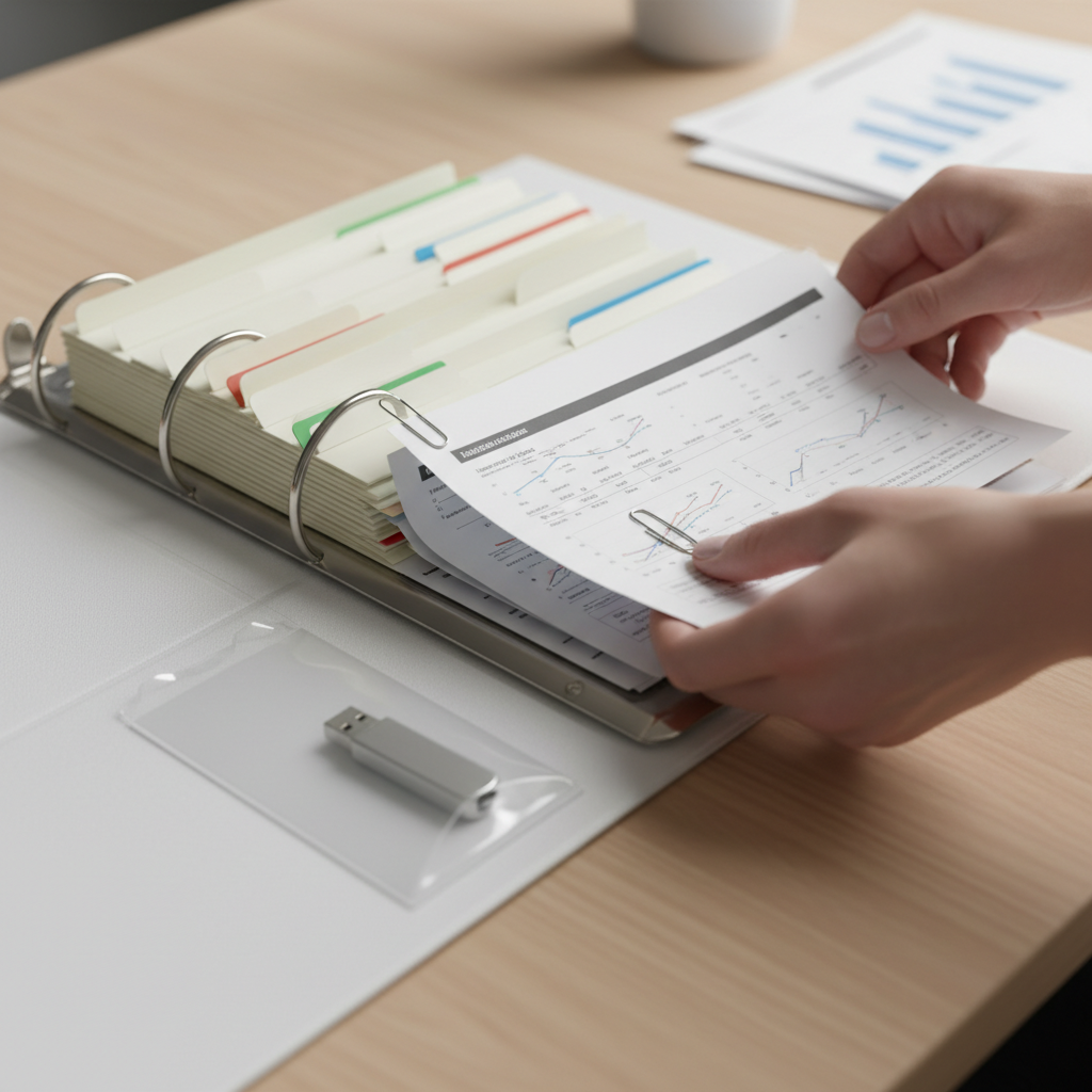 Close-up of hands assembling a CanadaBuys bid binder with dividers and technical sheets, illustrating checklists and document control