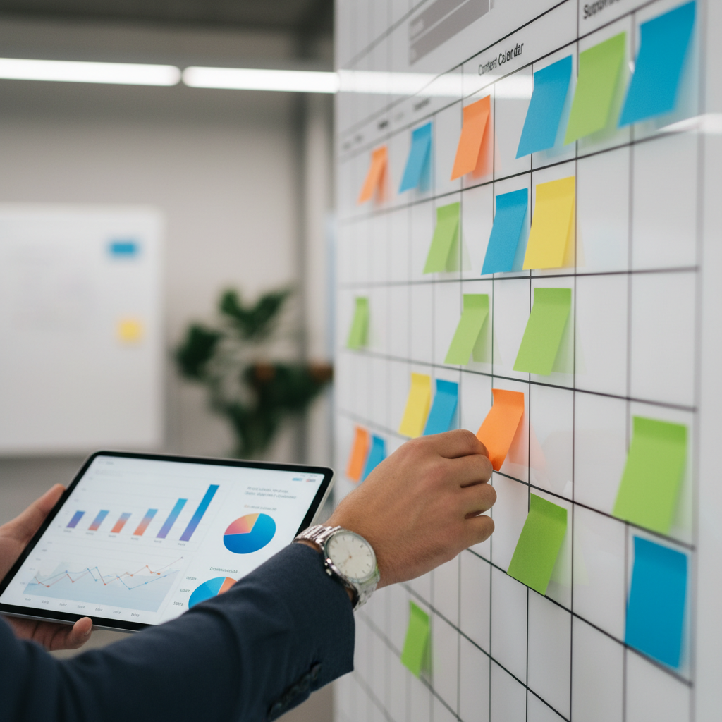 Close-up of a color-coded content calendar representing a content optimization strategy plan for SMB SEO