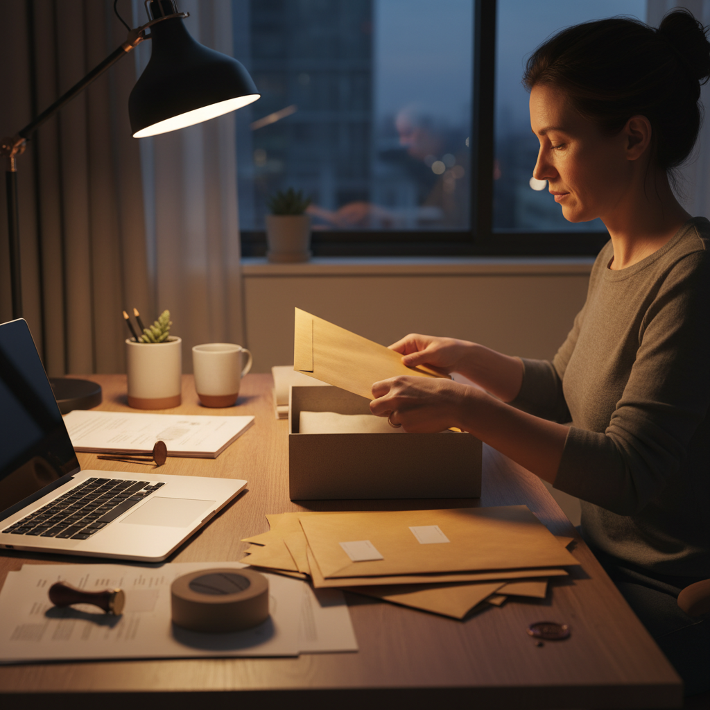 Small business owner organizing a sealed submission package and laptop, illustrating CanadaBuys submission readiness and timing discipline