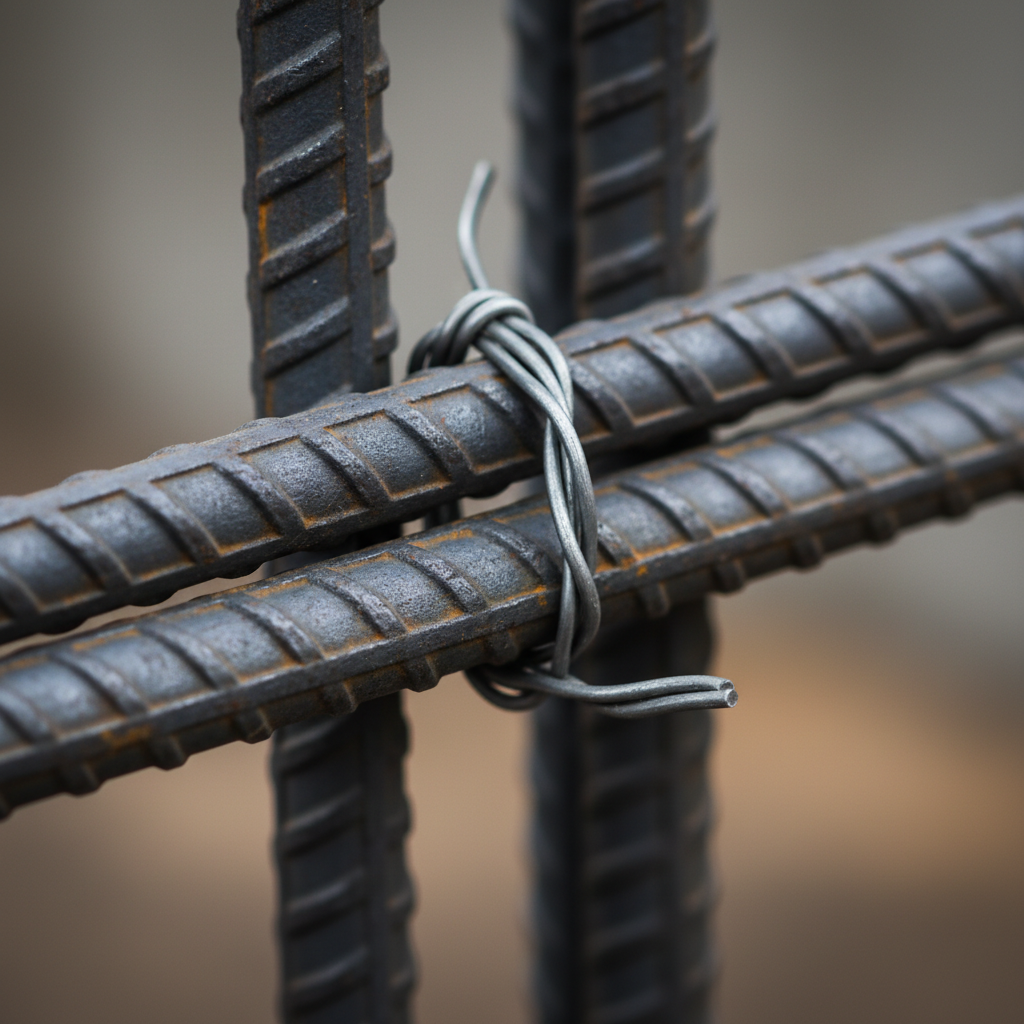 Close-up of ribbed steel rebar tied at a column cage intersection, illustrating rebar estimating accuracy for Ontario projects