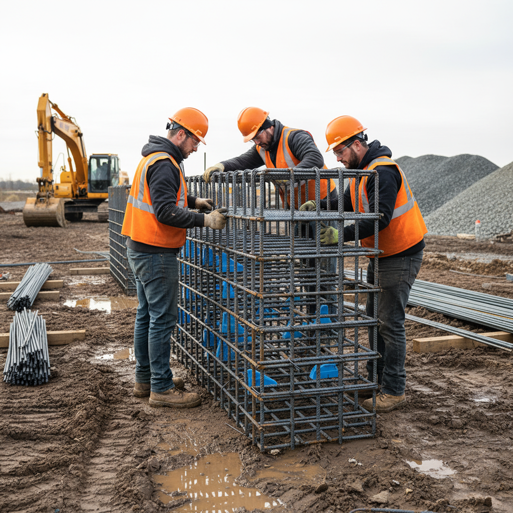Construction crew assembling a large footing rebar cage on-site with spacers and chairs, sequenced for Ontario pour planning