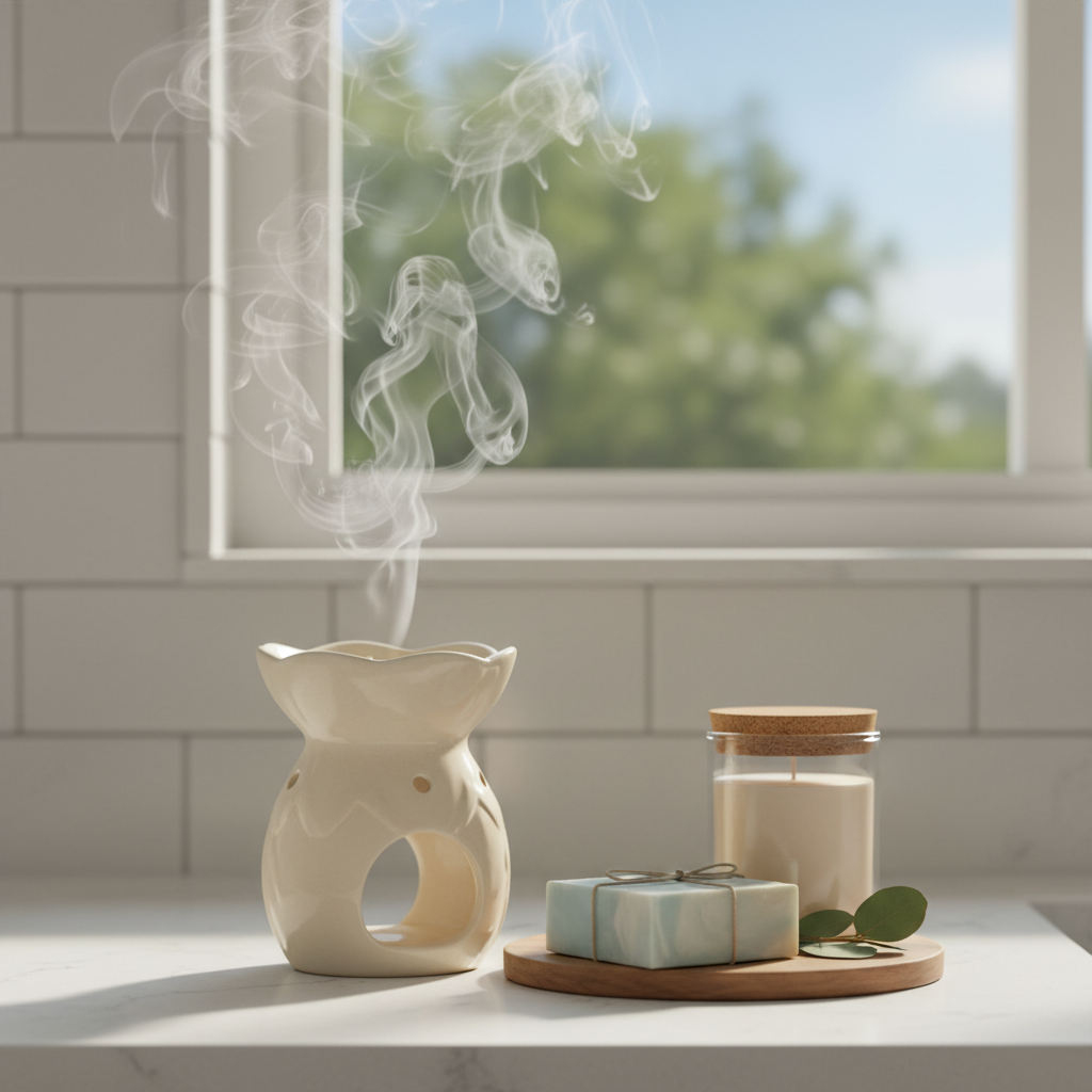 Ceramic wax melt warmer in a bright kitchen with a handmade soap and 8 oz candle gift set for cozy home fragrance layering
