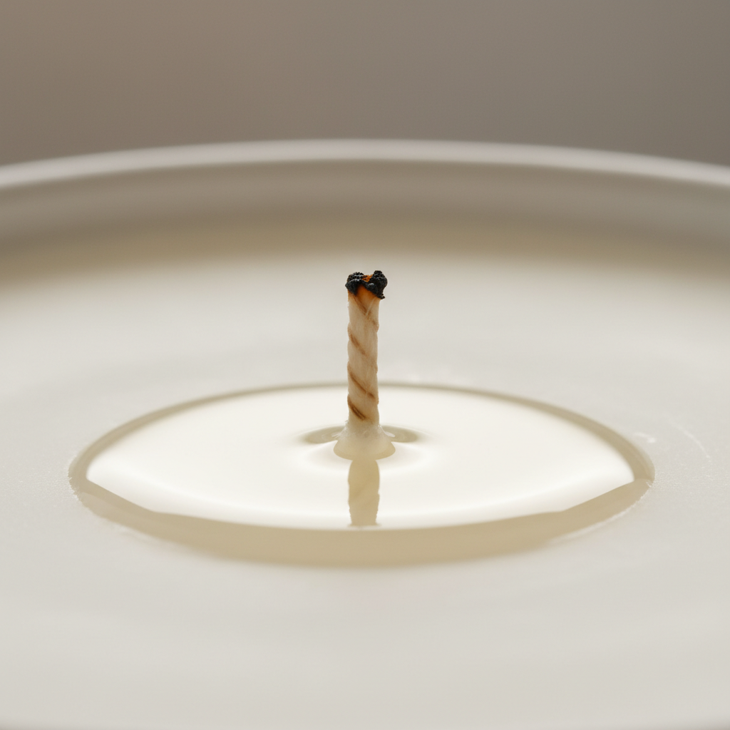 Close-up of a trimmed cotton wick centered in a smooth soy, coconut, and apricot candle wax for clean-burning cozy home fragrance