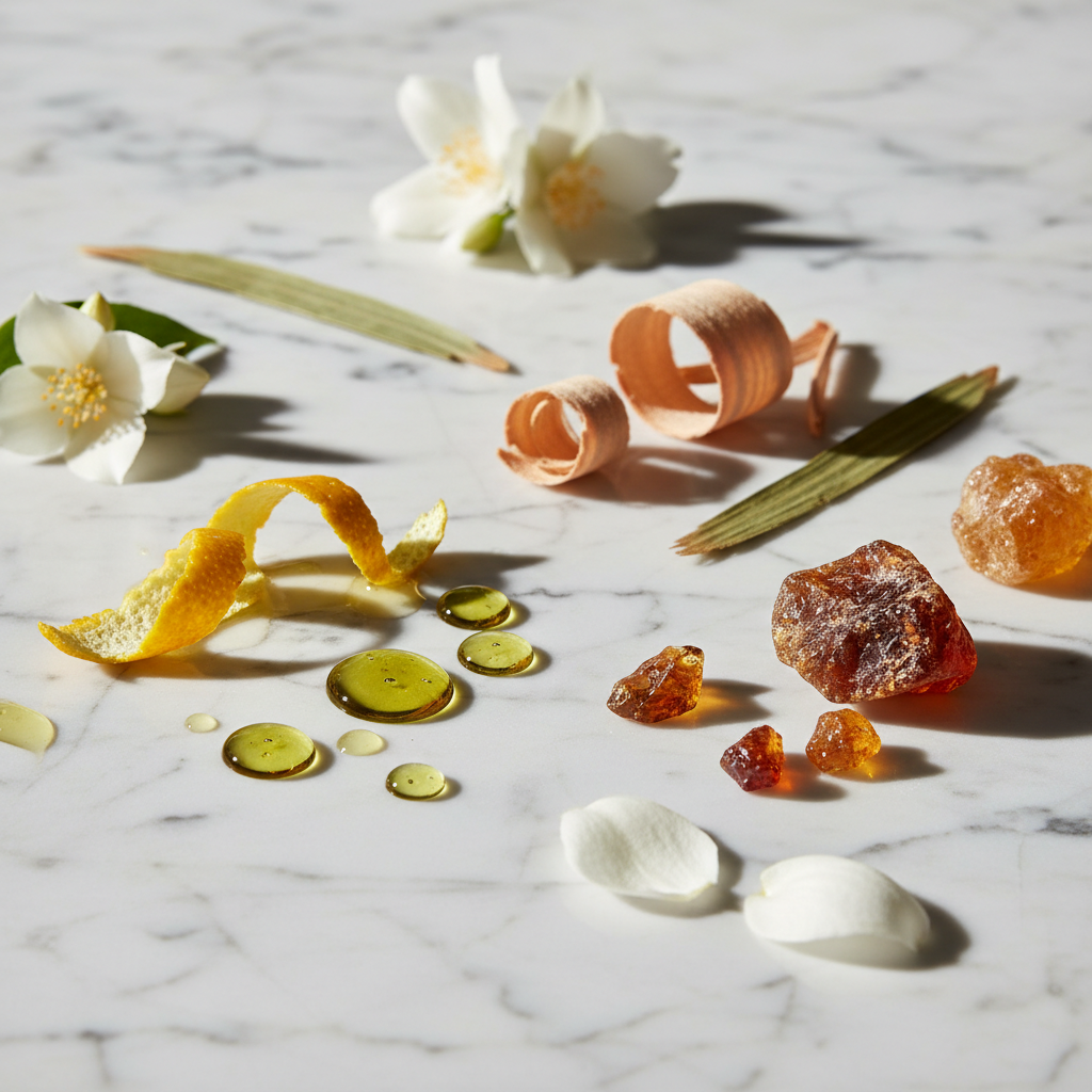 Close-up of seasonal perfume ingredients like bergamot, jasmine, cedar, and amber resin for scents for each season