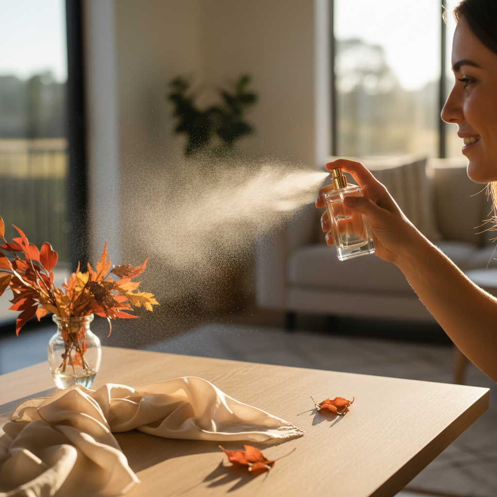 Perfume being misted by a sunlit window, illustrating application techniques for seasonal fragrances