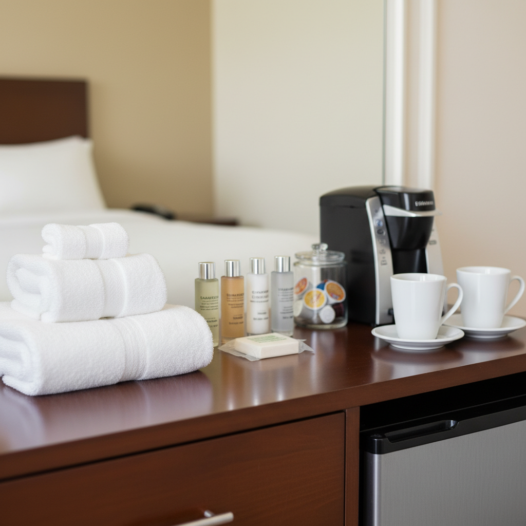 Close-up of practical room amenities: towels, toiletries, coffee maker, and mini-fridge for North Conway motel stays