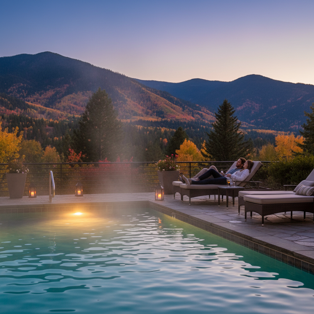 Outdoor heated motel pool at dusk in North Conway with mountain backdrop and warm lights