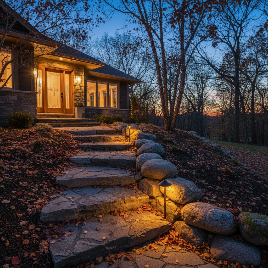 Stone front steps with low retaining wall and warm landscape lighting for curb appeal in Mississauga