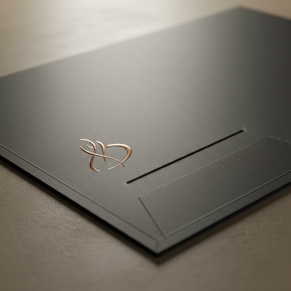 Close-up of a premium presentation folder corner with soft-touch lamination and crisp pocket edge for brokerage branding