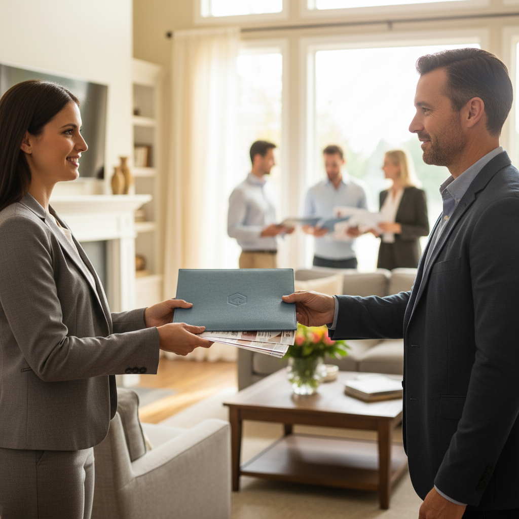 Real estate agent handing a branded presentation folder with listing flyers at an open house, demonstrating brokerage branding consistency