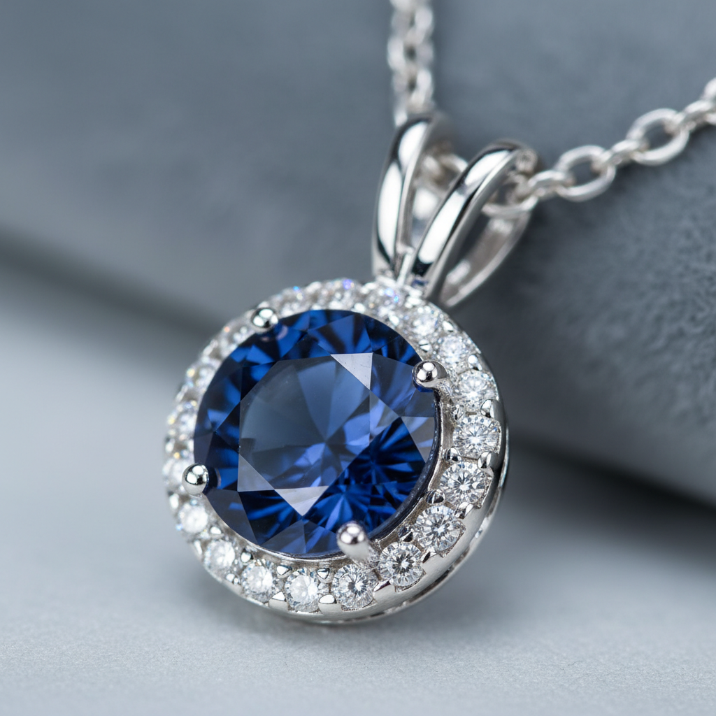 Close-up sapphire birthstone pendant with diamond halo showing color contrast and protected bezel, ideal for birthstone jewelry meanings and daily wear