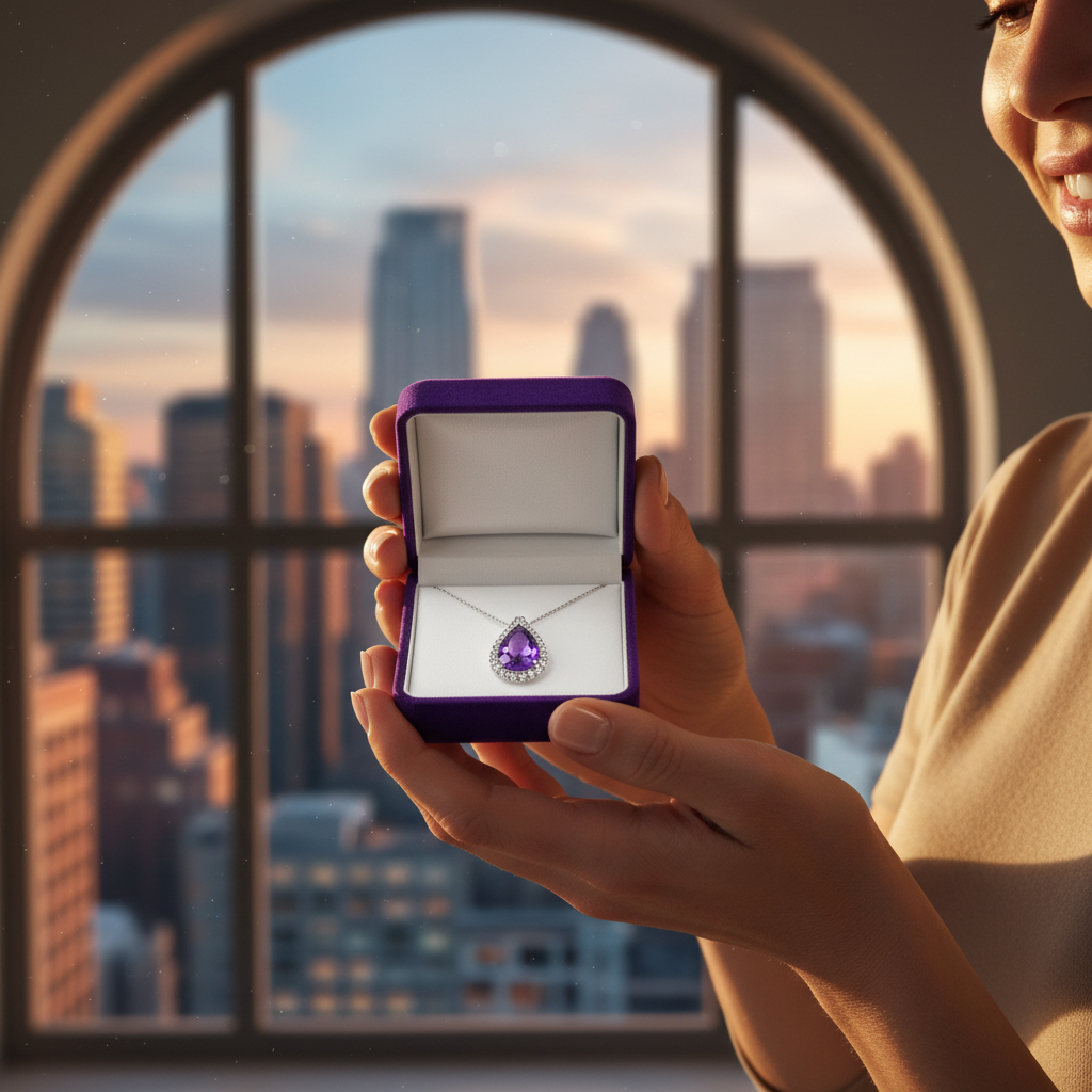 Amethyst birthstone necklace presented in a velvet box near a New York window, illustrating meaningful birthstone gifting for February birthdays