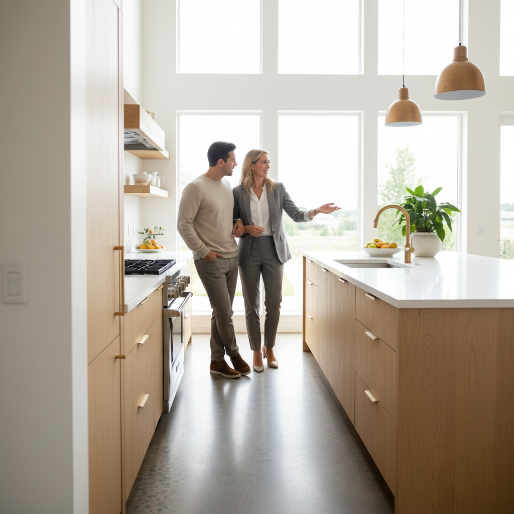 Brampton homeowners discussing a CMA with their Realtor during a pre-listing walkthrough in a bright kitchen