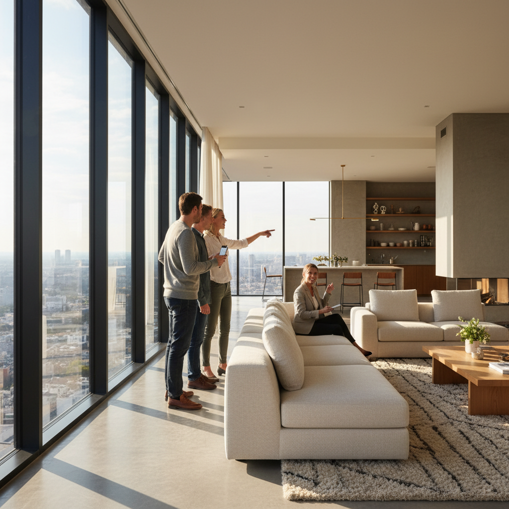 Prospective buyers touring a bright living room while another person checks a phone for a viewing schedule in a property search platform